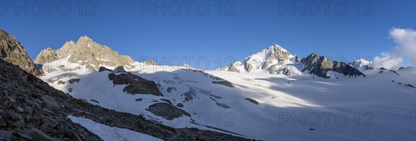 Panorama high alpine mountain landscape, summit of Aiguille de Chardonnet and Aiguille de Tour, Glacier du Tour, glacier and mountain peaks, Chamonix, Haute-Savoie, France, Europe