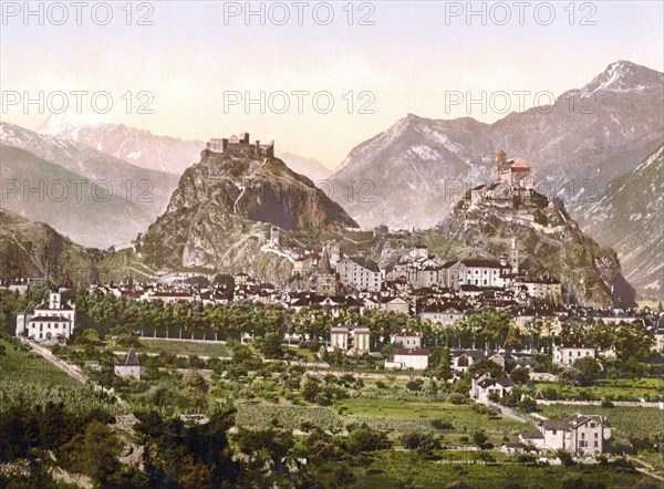 Sion, Gesamtansicht, Wallis, Schweiz / Sion, general view, Valais, Switzerland, Historic, digitally restored reproduction from a 19th century original, Record date not stated, Europe