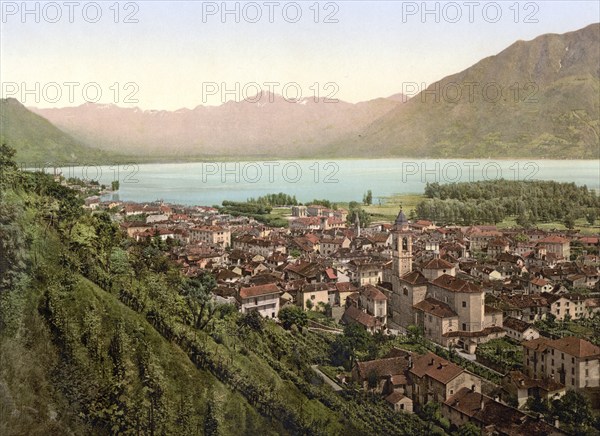 View of the town of Locarno in Ticino in Switzerland, Historical, digitally restored reproduction from a 19th century original, Record date not stated