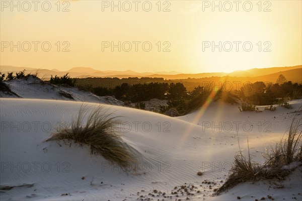 Lonely white sandy beach with dunes, sunrise, Porto Pino, Sardinia, south coast, Italy, Europe
