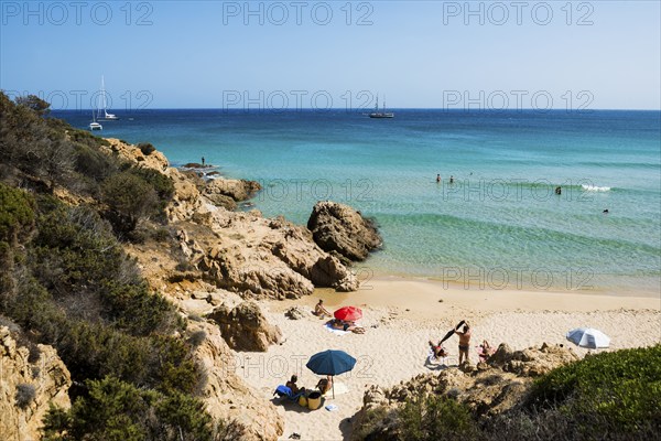 Sandy beach beach and blue sea, Cala del Morto, Torre di Chia, Chia, south coast, Sardinia, Italy, Europe