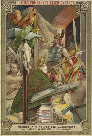 Series of pictures Norse divine legend, Heimdallr calls the heroes of Wallhall to battle with the gjallar horn, Liebig picture, digitally restored reproduction of a collector's picture from around 1900, public domain, exact date unknown, Heimdallr calls to battle with the gjallar horn, surrounded by weapons and mythological symbols