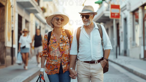 Senior happy smiling couple enjoy Caribbean vacation while walking down colorful colonial streets., AI generated