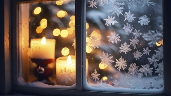 Snow-covered window with frost patterns, candlelight softly glowing through the glass, and warm, blurry Christmas lights in the background, AI generated