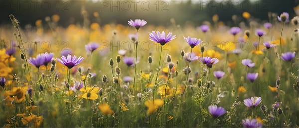 Wildflowers in a meadow, with a soft breeze slightly moving the petals, creating a serene and lively atmosphere, AI generated