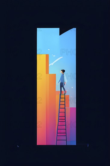 Vector illustration of a person going upstairs as symbol for self growth and personal development, AI generated