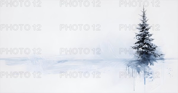 Abstract minimalist winter scene with a single, sharp silhouette of a snow-covered tree on a vast, white canvas, with subtle blue gradients hinting at icy coldness, AI generated
