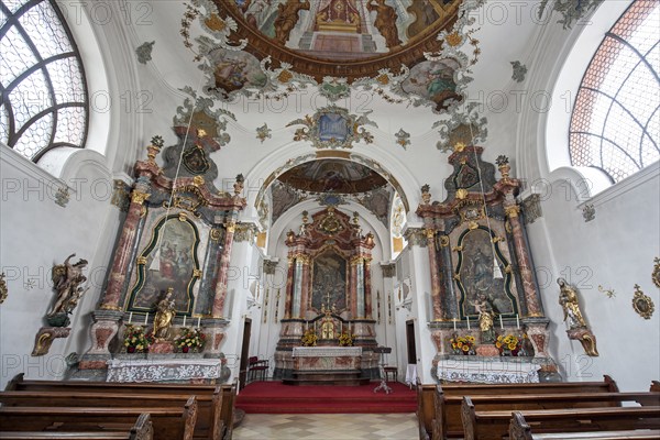 Church, baroque basilica St. Mang, interior view, side altar, Füssen, Ostallgäu, Bavaria Germany