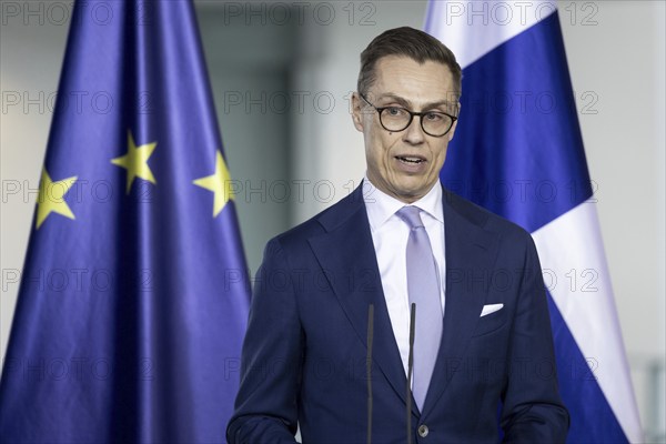 Alexander Stubb, President of the Republic of Finland, recorded during a press statement together with Olaf Scholz (SPD), Federal Chancellor, at the Federal Chancellery in Berlin, 8 May 2024