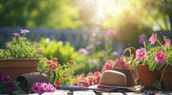 Home gardening equipment near beautiful lawn in the house garden with tools and fertilizers, AI generated
