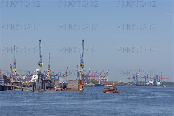 Ferry, Blohm & Voss shipyard, Burchardkai container terminal, Norderelbe, Hamburg, Germany, Europe