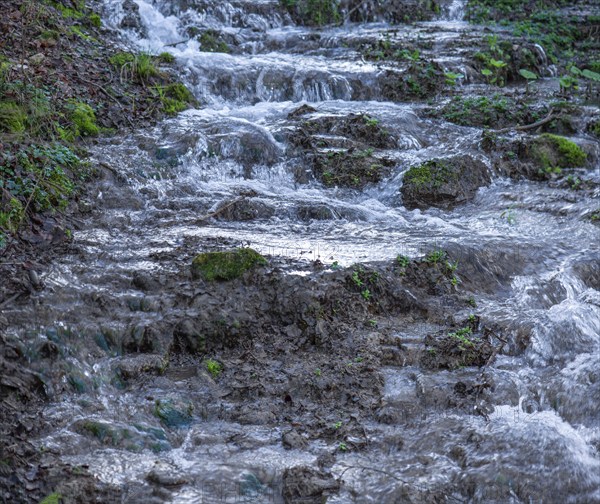 Waterfall of a stream in spring, Thuisbrunn, Upper Franconia, Bavaria, Germany, Europe
