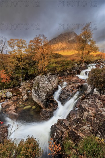 Waterfall, wild river, cloudy mood, morning light, autumn colours, autumn, mountains, Buachaille Etive Mòr, Glencoe, Scottish Highlands, Scotland, Great Britain