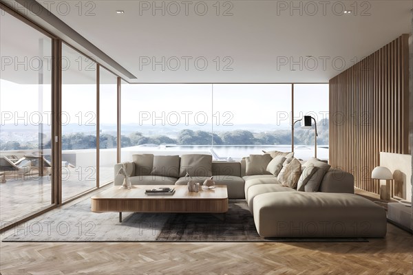 Three dimensional render of a spacious living room, AI generated
