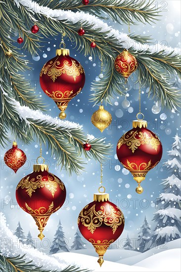 Abstract illustration of a set of ornate Christmas ornaments hanging on a snow-covered pine tree branch, AI generated