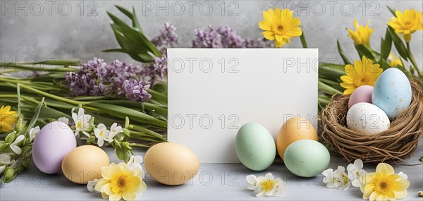Easter card with delicate hand-drawn illustrations, placed among fresh flowers and decorated eggs, empty space for text, AI generated