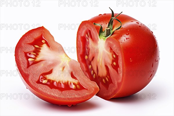 Halved red tomatoe and tomatoe slice on white background. KI generiert, generiert, AI generated