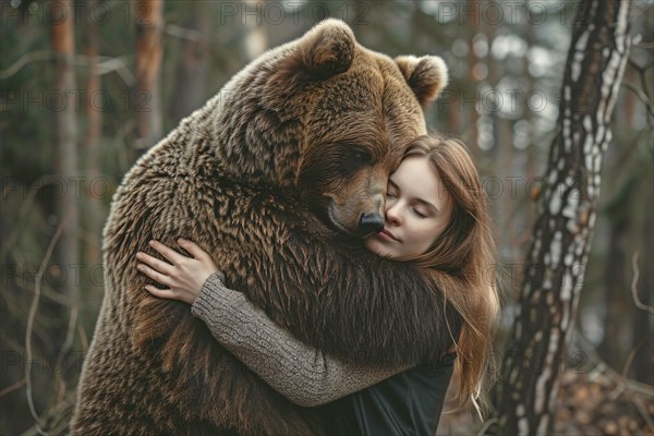 Woman hugging bear in forest. Generative Ai, AI generated