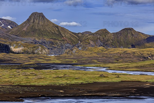 Volcanic landscape, lava, mountainous, river, summer, sunny, cloudy, highland, Laki, Lakagigar, Iceland, Europe