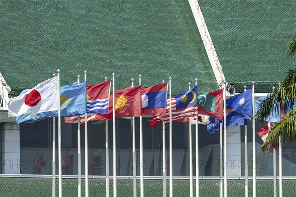 Many flags in front of the United Nations Conference Centre, Bangkok, Thailand, Asia