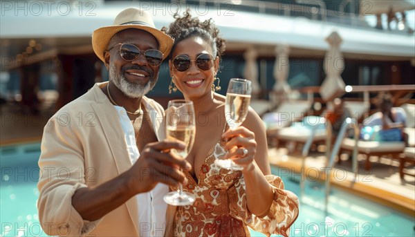 African american couple enjoying cocktails next to the swimming pool on a luxury cruise ship. generative AI, AI generated