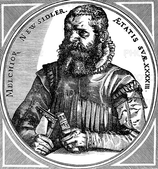 Lutenist and composer Melchior Newsidler (c. 1531 to c. 1591), composer for the lute, editor of the German lute book with motets, curly beard, ruff, sheet of music in hand, determined look, portrait of a man, historical illustration 1892