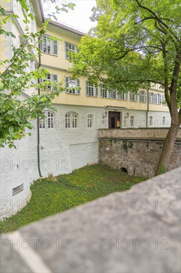 Tranquil view of a castle building with a wall and green nature in the foreground, Kirchheim Teck, Germany, Europe