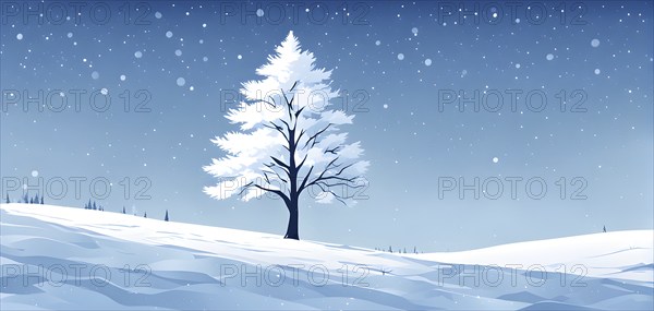 Abstract minimalist winter scene with a single, sharp silhouette of a snow-covered tree on a vast, white canvas, with subtle blue gradients hinting at icy coldness, AI generated