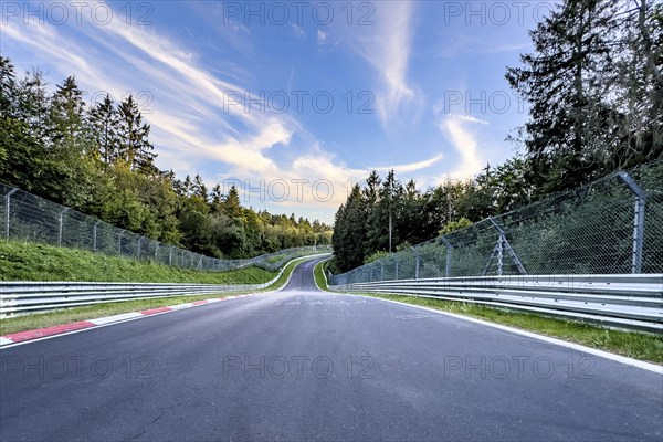 View from a racing driver's perspective of the Pflanzgarten II section of the track with steep gradient on the international official race track for motorsport Nürburgring race track Nordschleife Green Hell Green Hell former historic Formula 1 track originally country roads in low mountain range Eifel, Nürburg, Rhineland-Palatinate, Germany, Europe