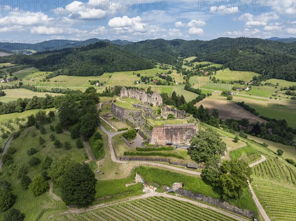 Aerial view of the ruins of Hochburg Castle, also known as Hachberg, 11th century, between Emmendingen, Sexau and Windenreute, second largest castle complex in Baden, administrative district of Freiburg, Black Forest, Baden-Württemberg, Germany, Europe