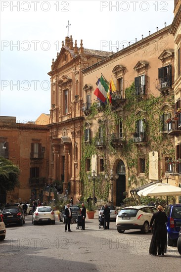 In the old town of Agrigento, Agrigento, in Piazza Piradello, the town hall, the Palazzo Comunale and the church, Chiesa di San Domenico, Sicily, Italy, Europe