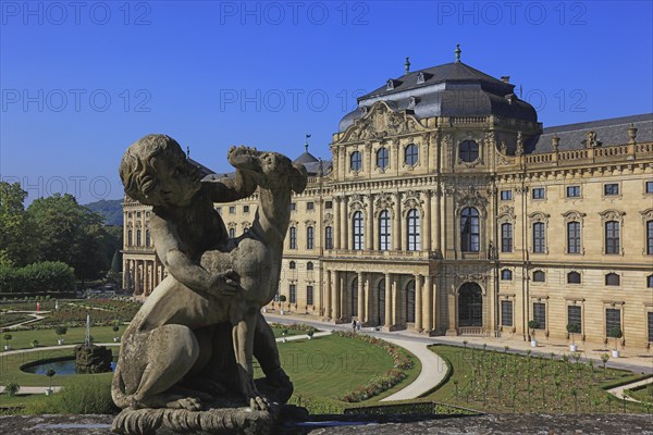 The Würzburg Residenz, putti on the bastion, park side, UNESCO World Heritage Site, Würzburg, Lower Franconia, Bavaria, Germany, Europe