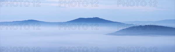 The peak of the Kösseine rises out of the fog, cloud inversion in the Fichtelgebirge, Upper Franconia, Bavaria, Germany, Europe