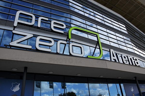 Glass front of the main stand, logo, lettering, PreZero Arena, Sinsheim, Baden-Württemberg, Germany, Europe