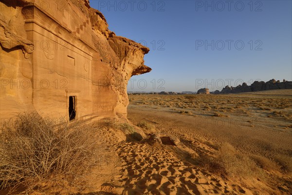 Nabataean tomb at Djabal Al-Ahmar in first daylight, Hegra or Mada'in Salih, AlUla region, Medina province, Saudi Arabia, Arabian Peninsula, Asia