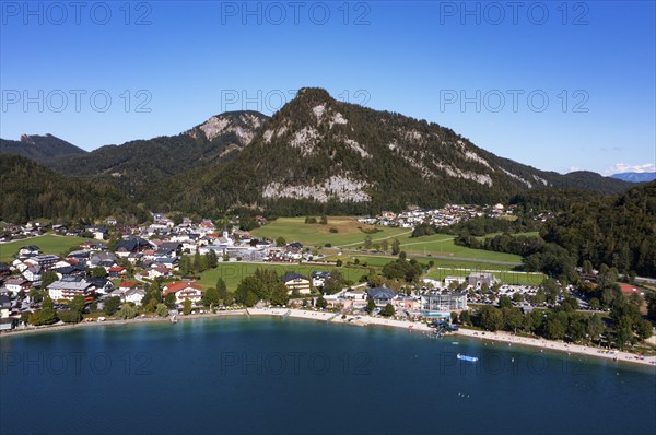 Drone shot, Fuschlsee, Fuschl am See, Alpine foothills, Salzkammergut, Land Salzburg, Austria, Europe