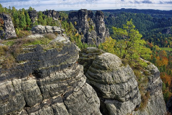 View of the rock formations of Saxon Switzerland from the Ferdinandstein, Lohmen, Elbe Sandstone Mountains, Saxony, Germany, Europe