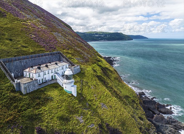 The Lighthouse Keepers Cottage from a drone, Countisbury, Lynton, North Devon, England, United Kingdom, Europe