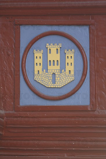 City coat of arms on half-timbered house, wood carving, detail, old town, Limburg, Hesse, Germany, Europe