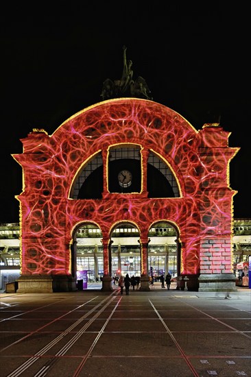 Archway on the station square, light installation at dusk, Lilu, Light Festival 2023, Lucerne, Canton of Lucerne, Switzerland, Europe