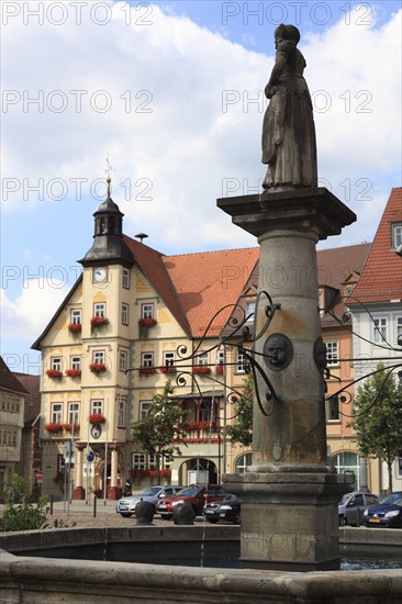 Market square and town hall of Schleusingen, Hildburghausen district, Thuringia, Germany, Europe