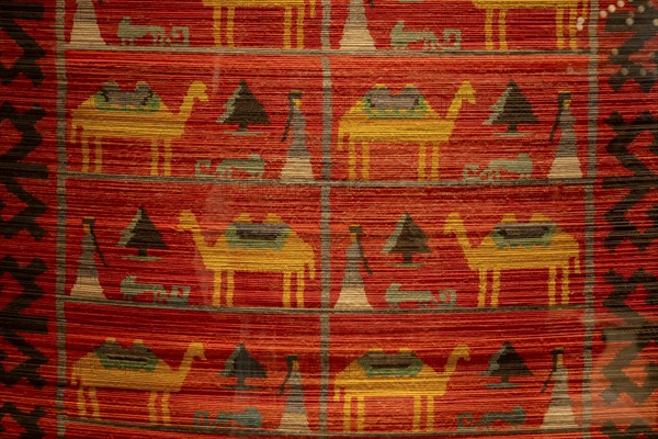 Traditional carpet with pattern, exhibition in the State History Museum, interior view, Bishkek, Kyrgyzstan, Asia