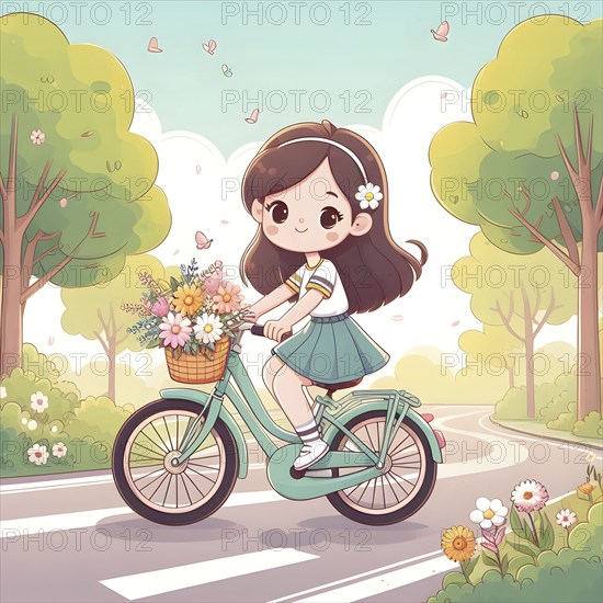 Cute anime girl on bicycle with flowers in a park, AI generated