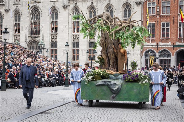 BRUGES, BELGIUM, MAY 17: Annual Procession of the Holy Blood on Ascension Day. Locals perform dramatizations of Biblical events, Cain and Abel. May 17, 2012 in Bruges (Brugge), Belgium, Europe