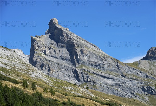 The prominent head of the Dent de Chamosentze peak, Bernese Alps, Mayens-de-Chamoson, Valais, Switzerland, Europe