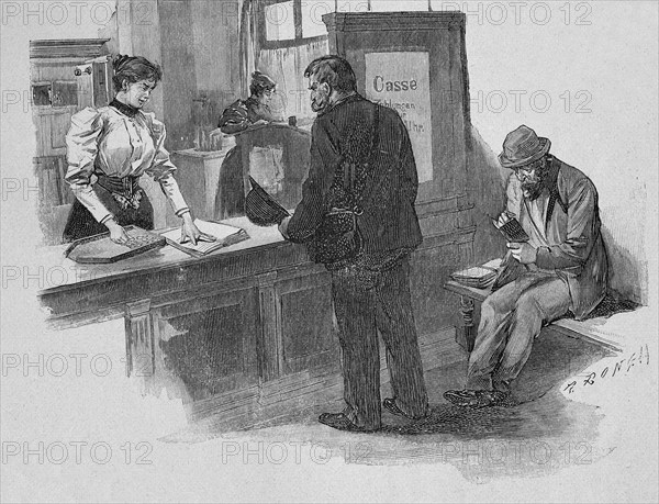Bank clerk as a modern female profession in 1897, France, Historic, digitally restored reproduction of an original 19th-century artwork, exact original date unknown, Europe
