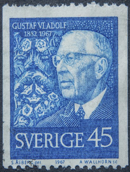 King Gustaf VI Adolf, 1882-1973, king of Sweden, portrait on a Swedish post stamp
