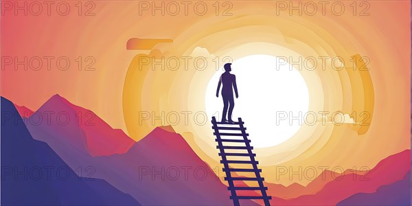 Vector illustration of a person going upstairs as symbol for self growth and personal development, AI generated