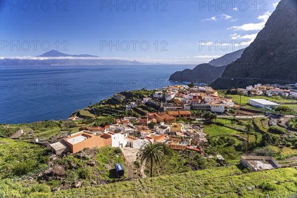 View from the Mirador de Abrante viewpoint to Agulo and the island of Tenerife, La Gomera, Canary Islands, Spain, Europe