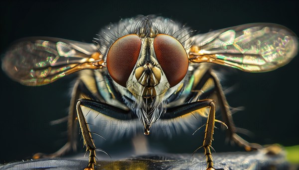 Macro of a housefly (Musca domestica) with detailed wings, large red compound eyes, and the fine bristles on its body in sharp focus, AI generated